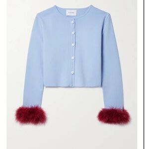 Sleeper Convertible Cropped Feather-Trimmed Knitted Cardigan blue/red